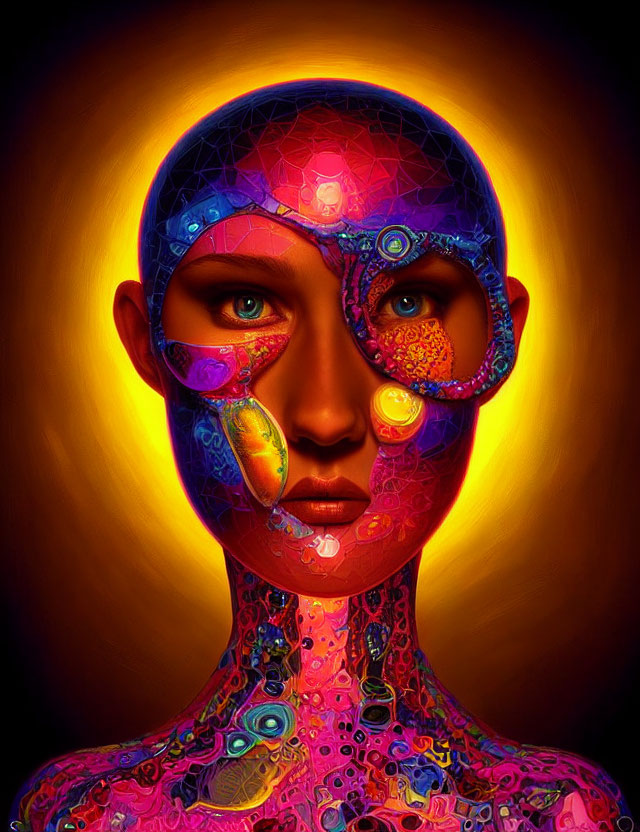 Colorful digital artwork of humanoid figure in glowing aura