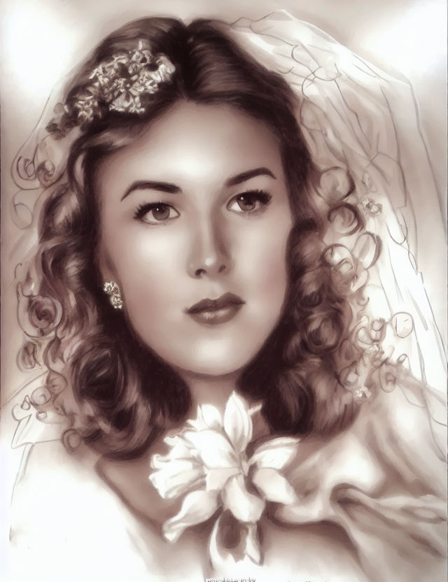 Vintage Portrait of Woman with Curly Hair, Flower Hairpiece, Veil, and Elegant Earring