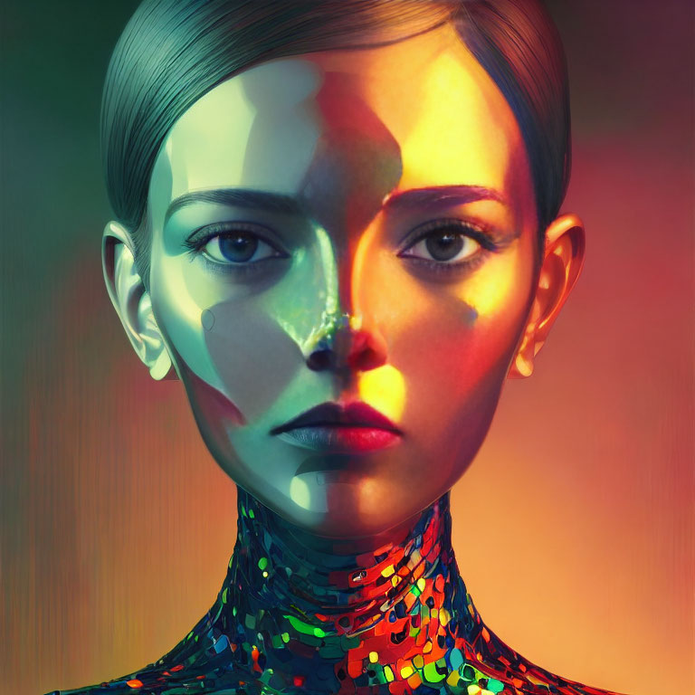 Digital artwork: Woman with metallic fragmented neck and colorful light projections