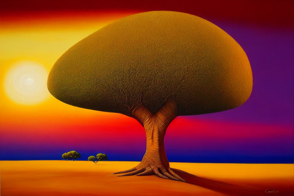 Vibrant surreal painting of oversized tree under sunset sky