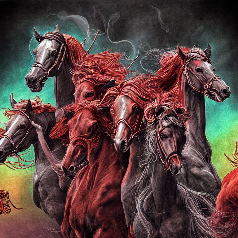 Five Majestic Chestnut Horses with Red Manes Against Dark Background