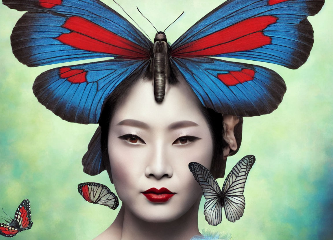 Traditional Asian makeup woman with blue and red butterfly and smaller butterflies on green background