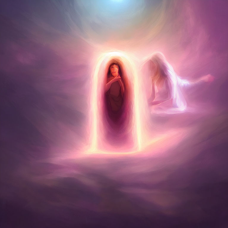 Ethereal artwork: Cloaked figure in glowing portal with spectral entity on colorful background