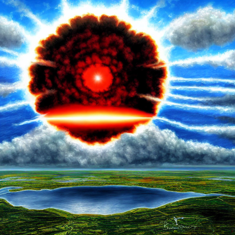 Surreal digital artwork: red and black mushroom cloud above serene landscape