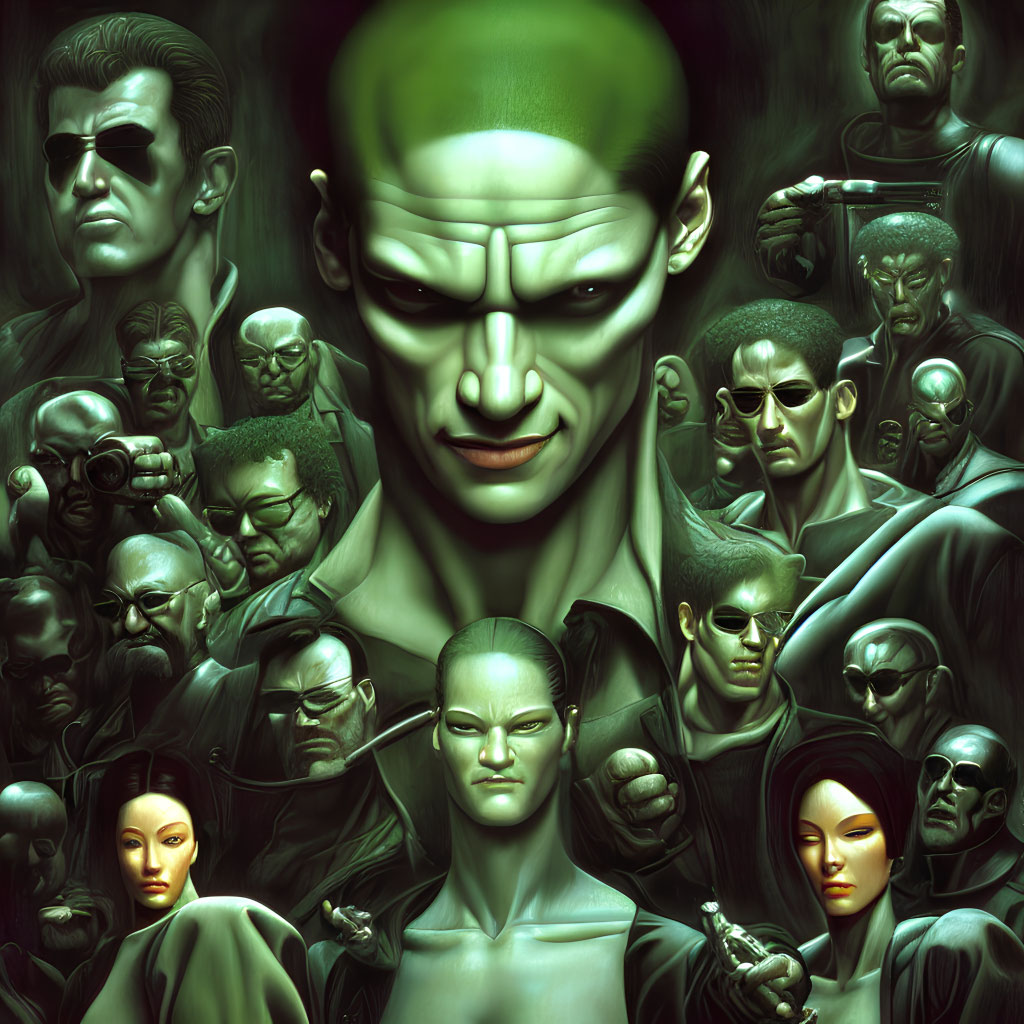 Stylized Matrix-inspired character collage with prominent Agent Smith figure