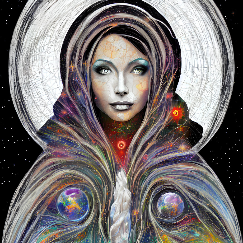 Cosmic-themed digital portrait with galaxy cloak and vibrant eyes