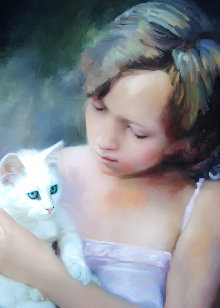 Young girl holding white cat with blue eyes on soft background