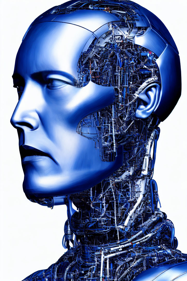 Detailed Illustration of Humanoid Robot Head with Cutaway Showing Mechanical & Electronic Components