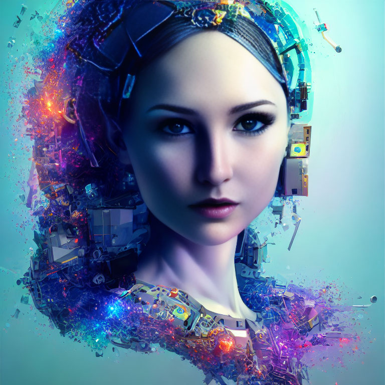 Digital art portrait featuring female figure with electronic head and neck in vibrant neon colors