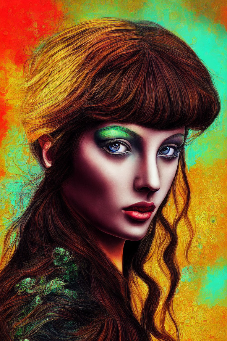 Colorful digital portrait of a woman with flowing hair and green eyeshadow