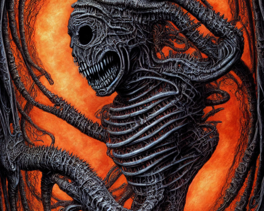 Detailed skeletal alien creature illustration on orange backdrop