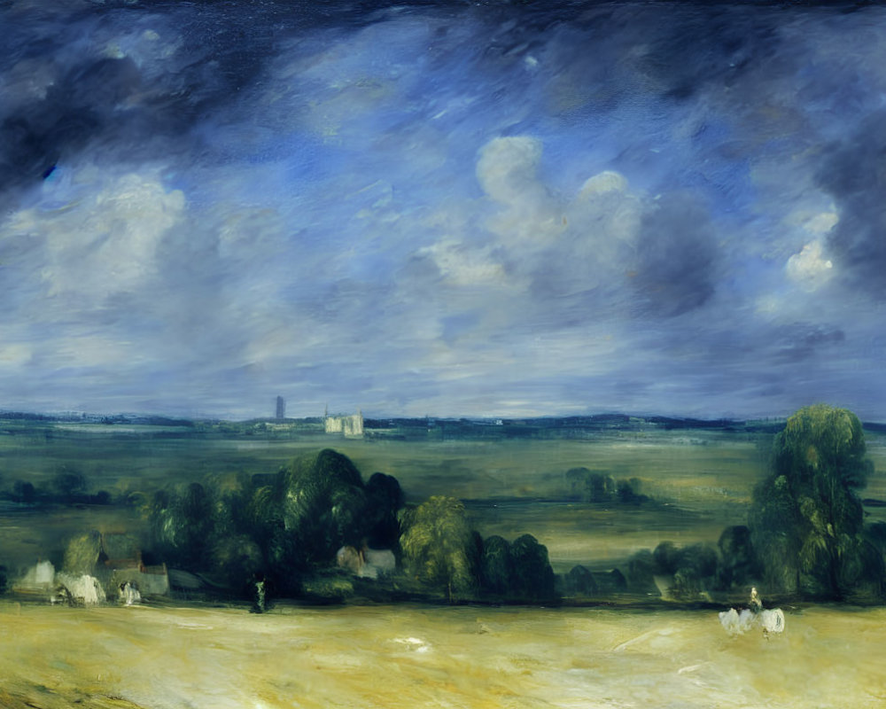 Panoramic landscape painting with fields, buildings, and castle under dramatic sky