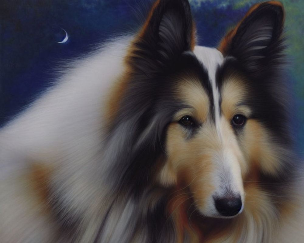 Realistic painting of black and white Shetland Sheepdog under crescent moon