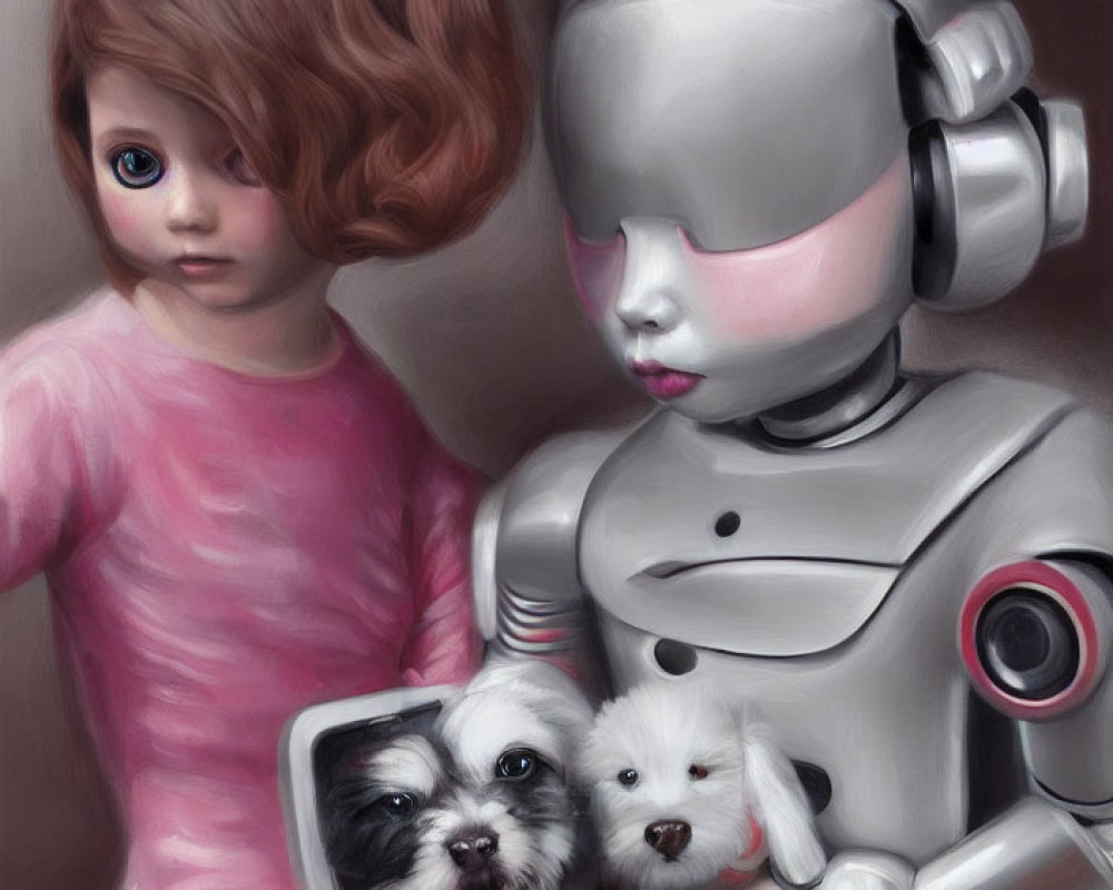 Surreal painting: Little girl, robot, and puppies in pink ambiance