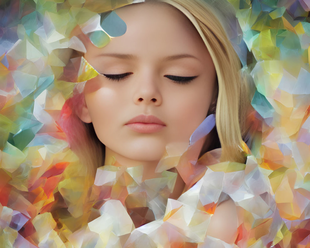 Young woman in serene portrait with closed eyes and colorful crystal-like shapes.