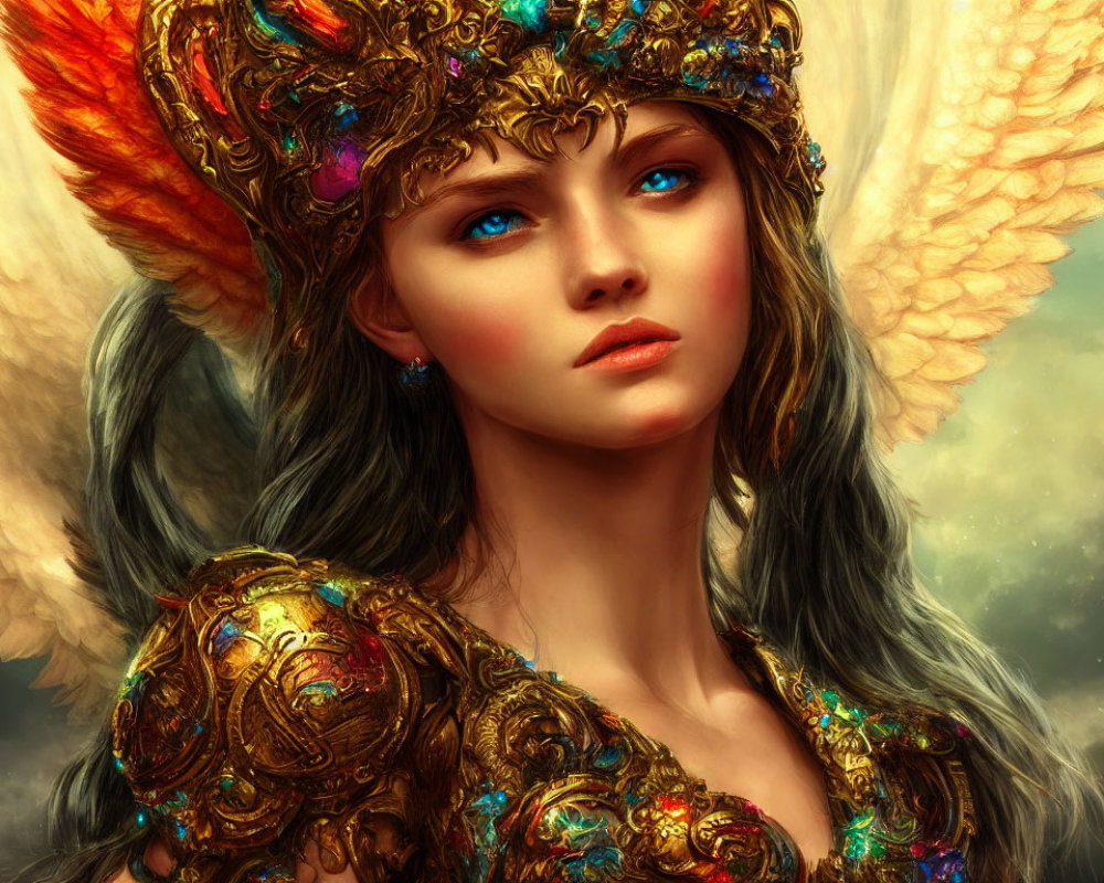 Digital painting of woman in golden armor with blue eyes & wings