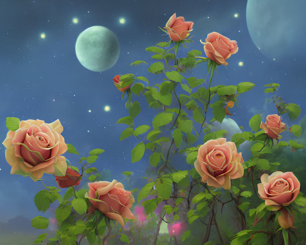 Vibrant roses and moons in fantasy nightscape.