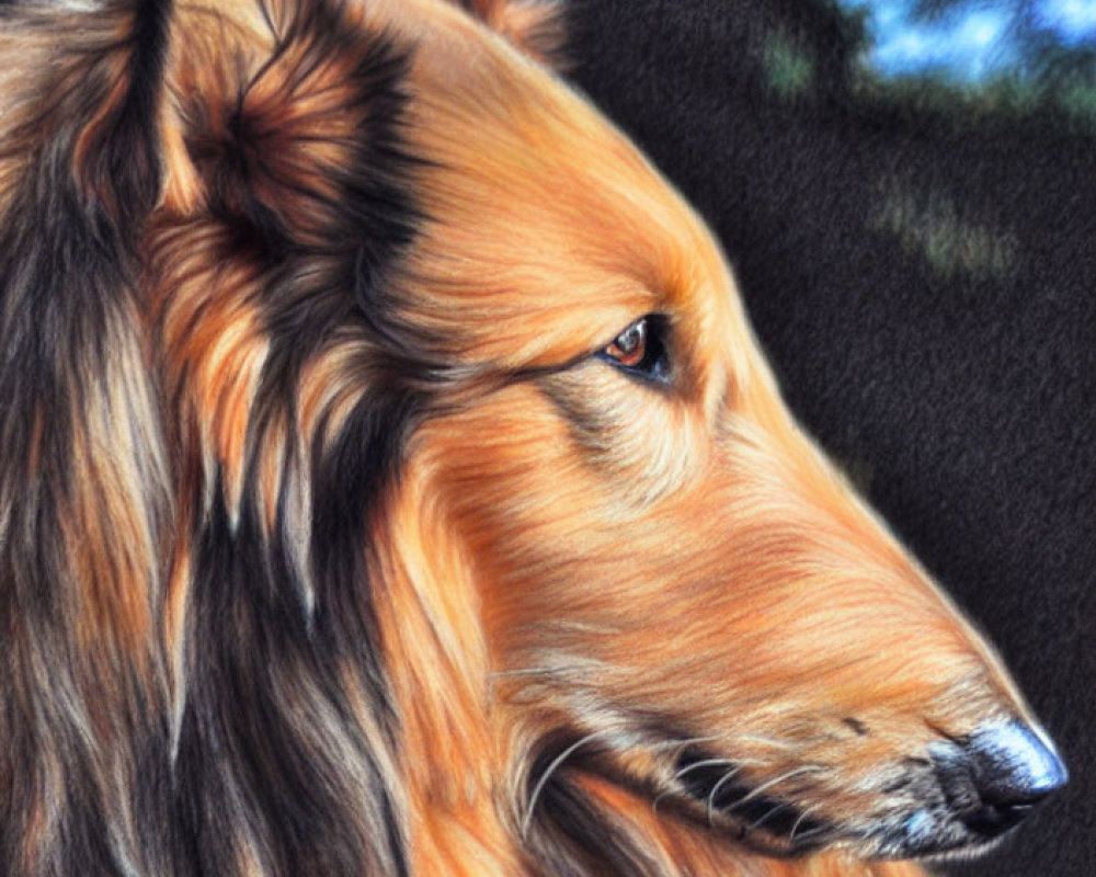 Detailed Close-Up Drawing of Sable Rough Collie Dog with Soft Gaze