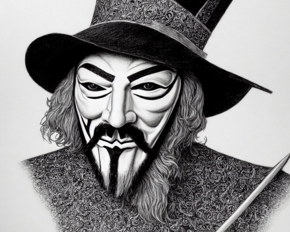 Detailed pencil drawing of person in Guy Fawkes mask, top hat, and sword, with intricate