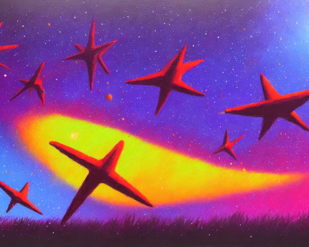 Colorful space-themed artwork with red star shapes, cosmic background, rainbow trail, stars, and grass