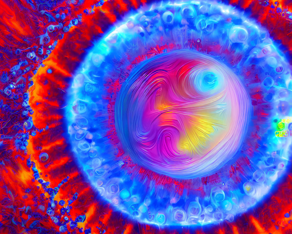 Colorful Abstract Art: Pastel Swirl Surrounded by Red and Blue Ripples