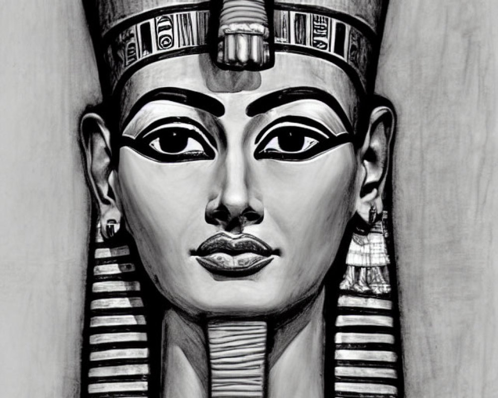 Monochromatic Egyptian pharaoh bust with traditional headdress & hieroglyphics