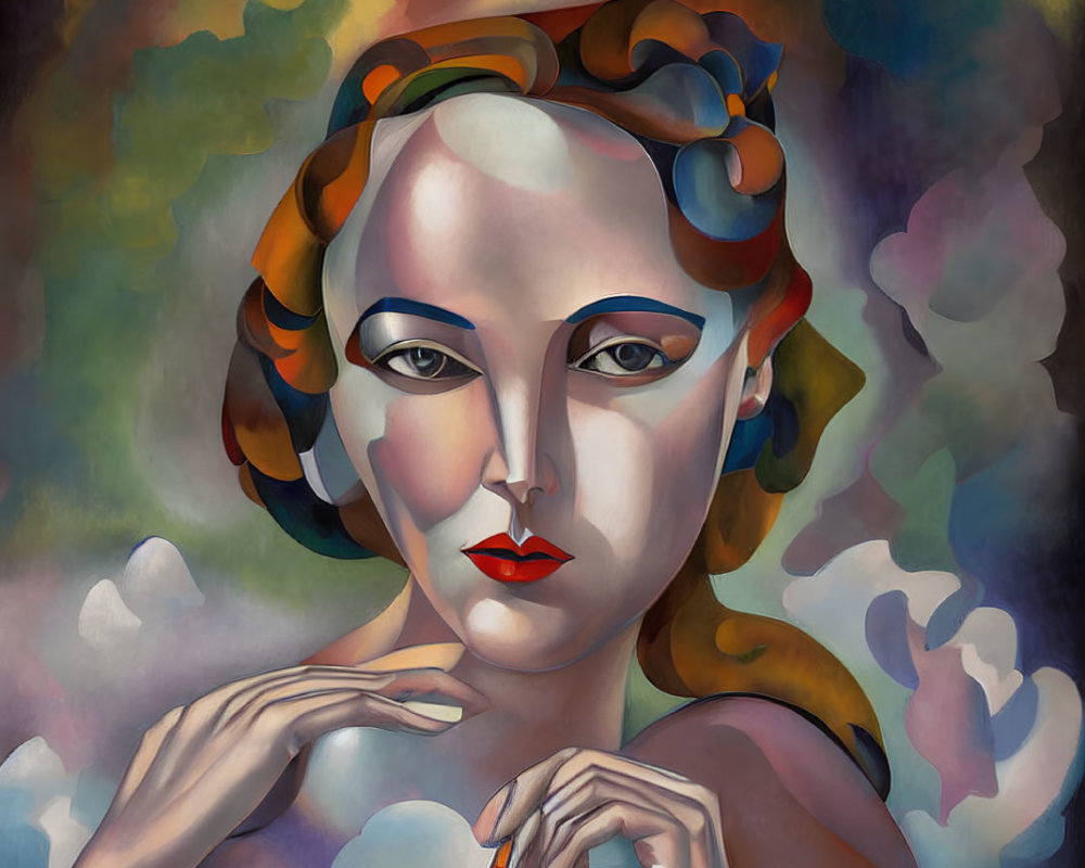 Colorful artistic painting of a woman with stylized hair and makeup against abstract background