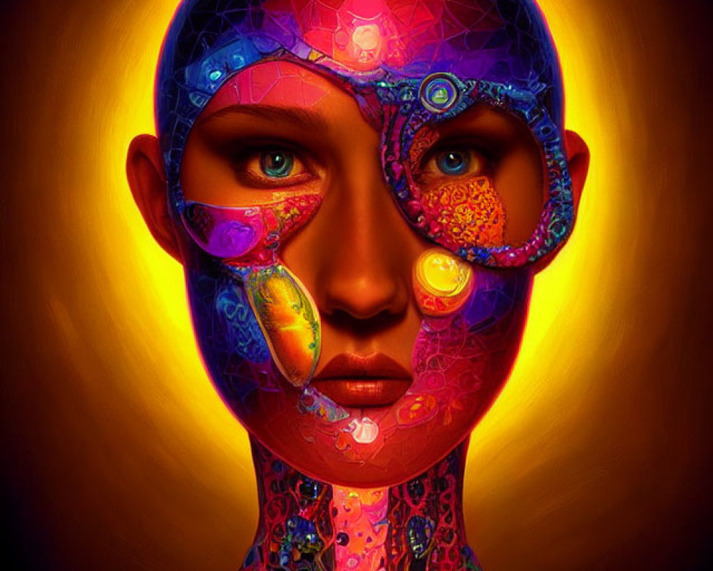 Colorful digital artwork of humanoid figure in glowing aura