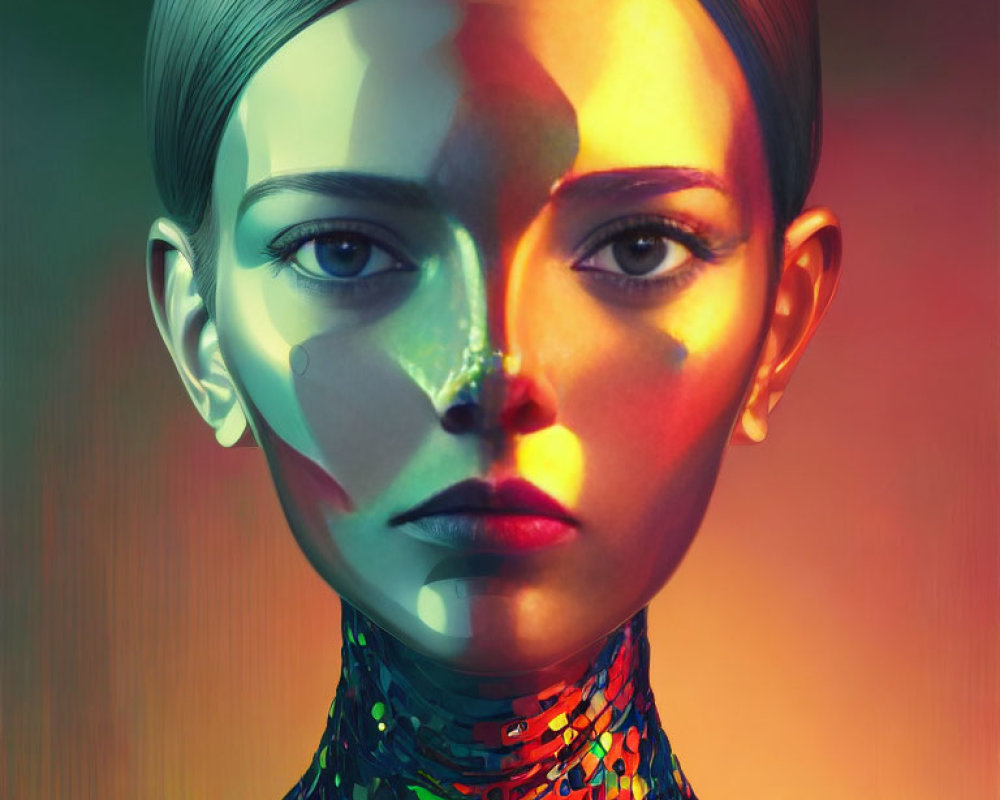 Digital artwork: Woman with metallic fragmented neck and colorful light projections