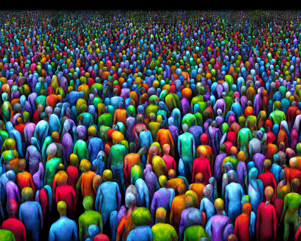 Vibrant humanoid figures create colorful crowd texture