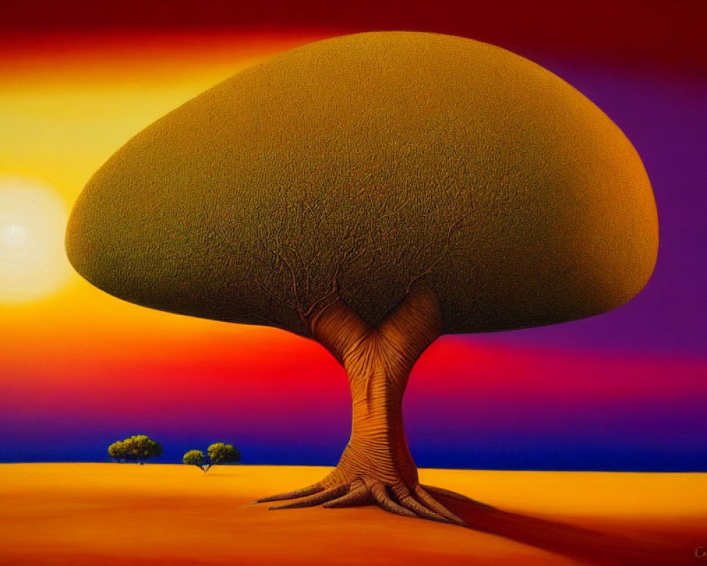 Vibrant surreal painting of oversized tree under sunset sky