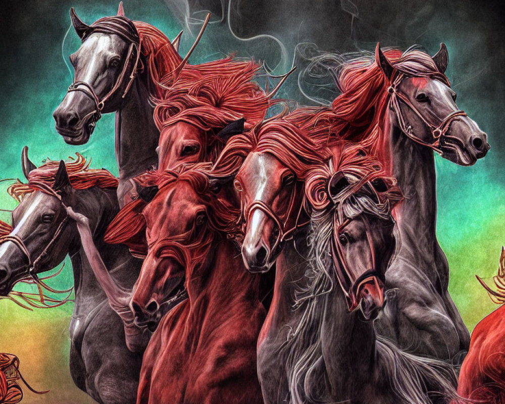 Five Majestic Chestnut Horses with Red Manes Against Dark Background