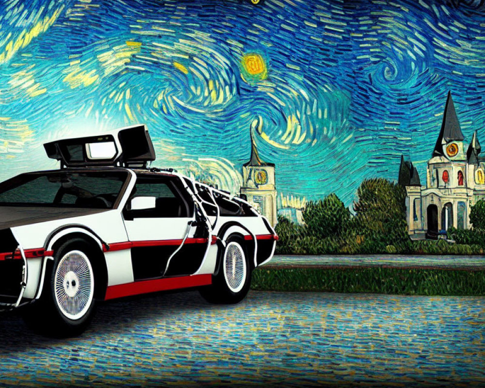 DeLorean car in Starry Night-inspired landscape with whimsical church