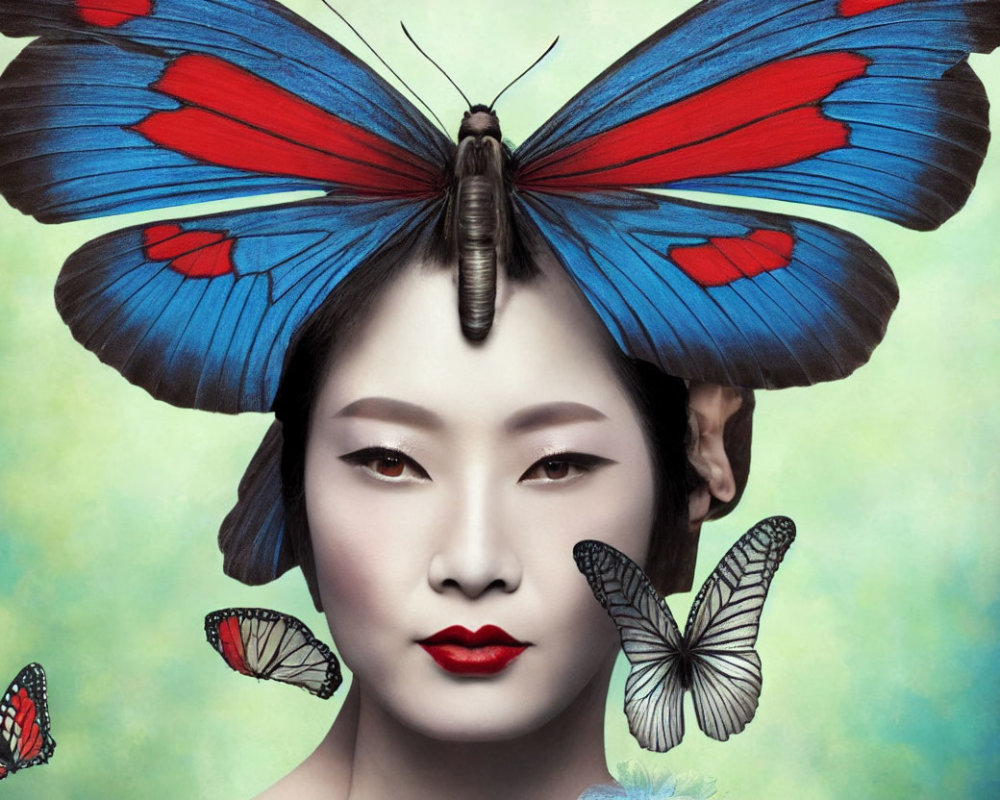 Traditional Asian makeup woman with blue and red butterfly and smaller butterflies on green background