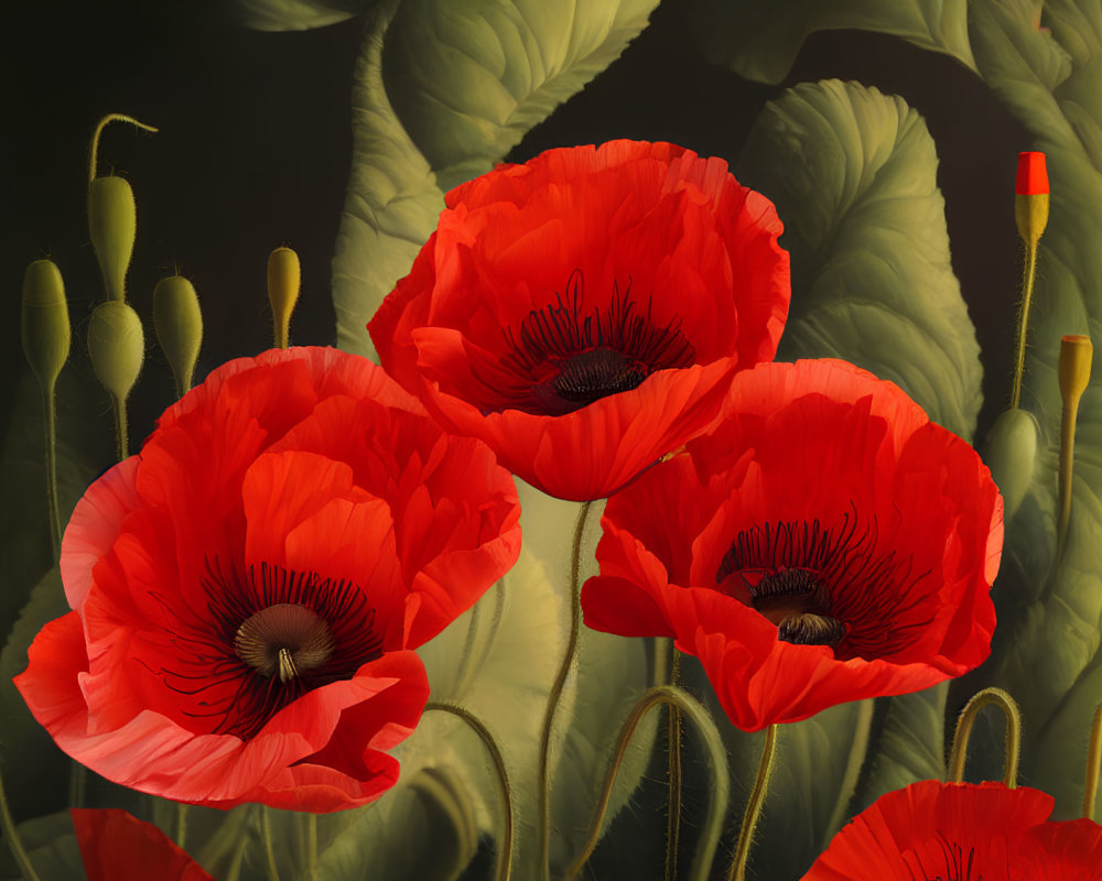 Vibrant red poppies with dark centers on dark background