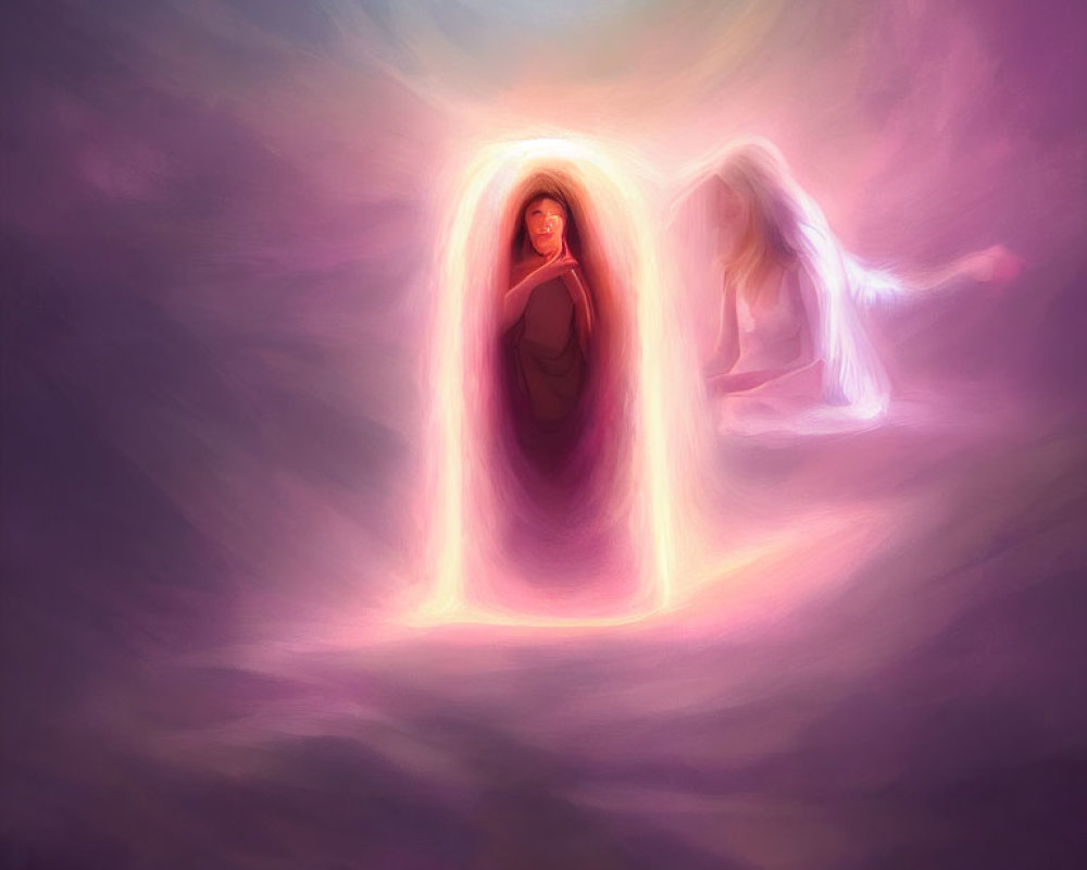 Ethereal artwork: Cloaked figure in glowing portal with spectral entity on colorful background