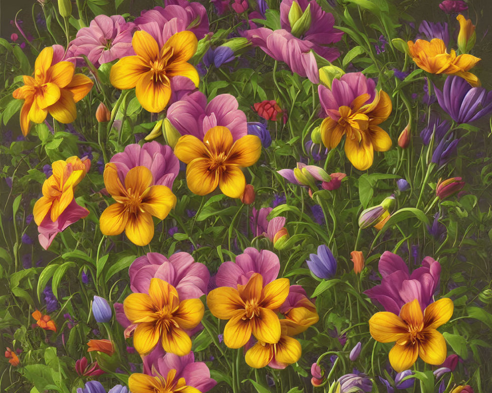 Colorful Purple and Yellow Flowers with Green Foliage Display