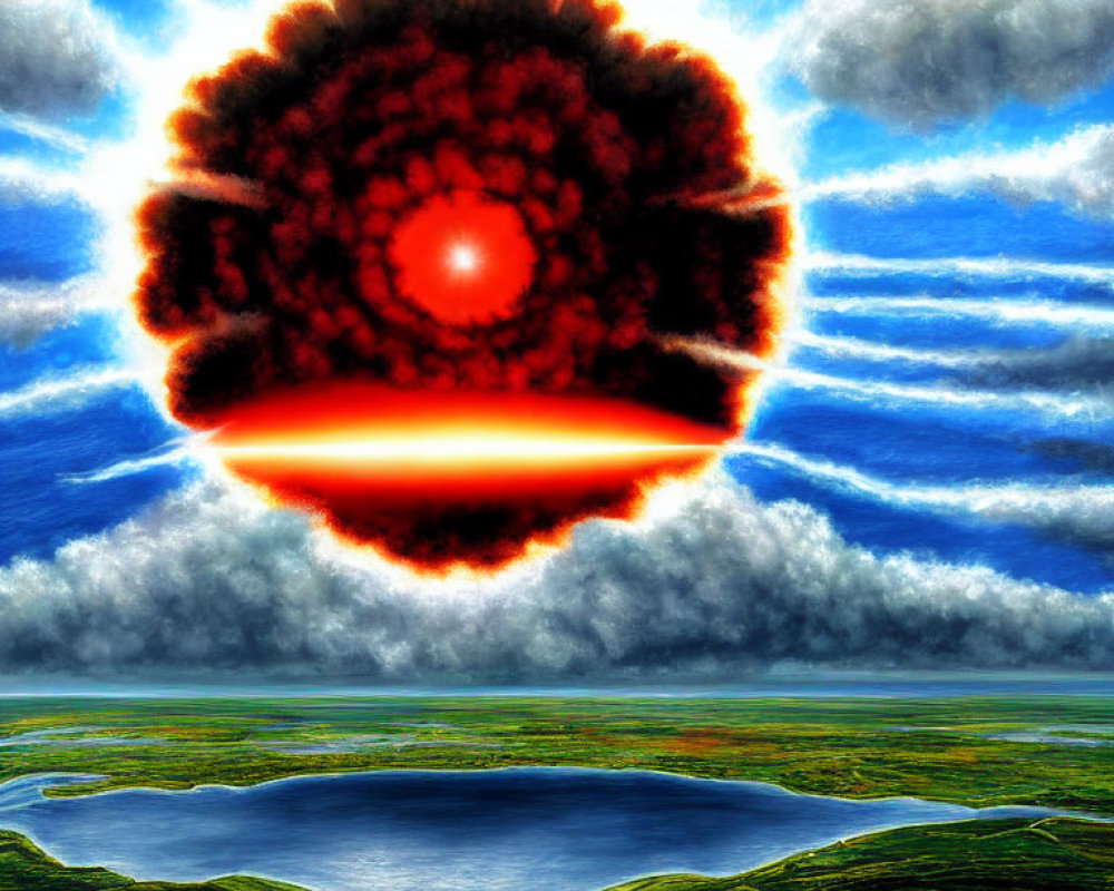 Surreal digital artwork: red and black mushroom cloud above serene landscape