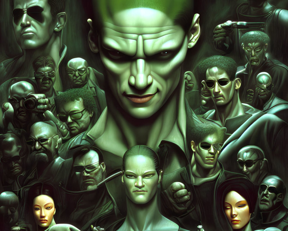 Stylized Matrix-inspired character collage with prominent Agent Smith figure