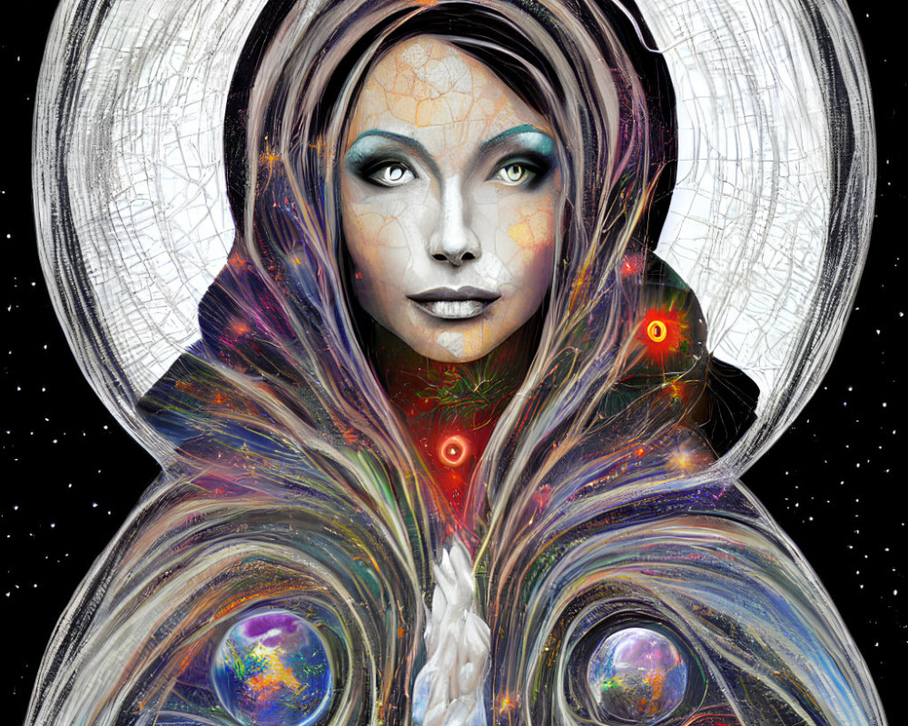 Cosmic-themed digital portrait with galaxy cloak and vibrant eyes