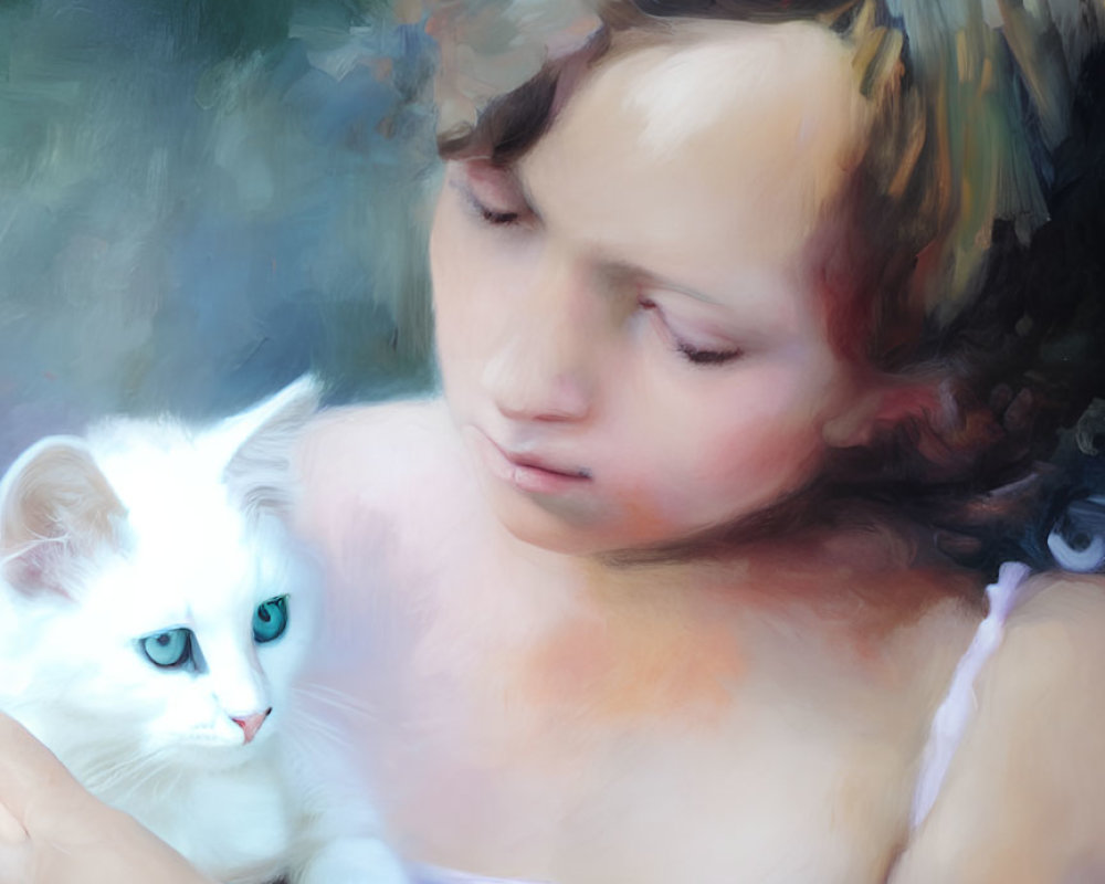 Young girl holding white cat with blue eyes on soft background