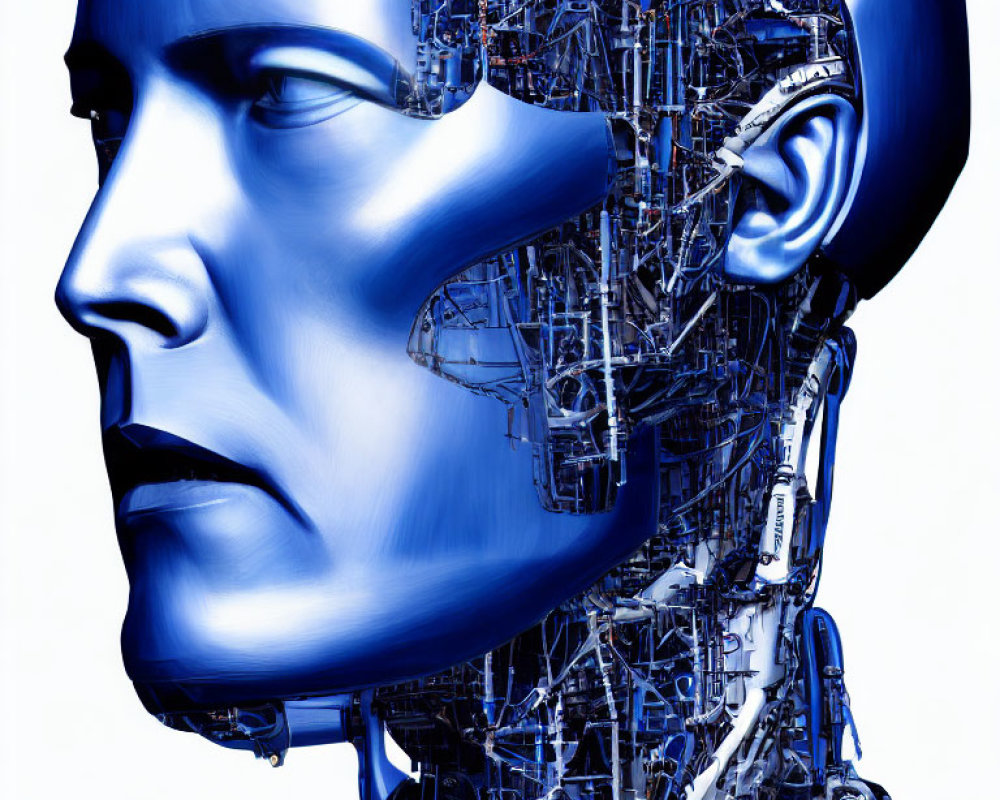 Detailed Illustration of Humanoid Robot Head with Cutaway Showing Mechanical & Electronic Components