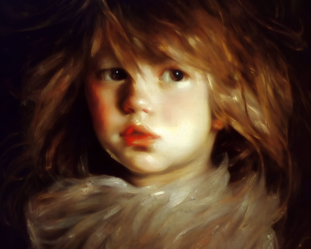 Portrait of young child with wind-swept hair and curious gaze under warm light