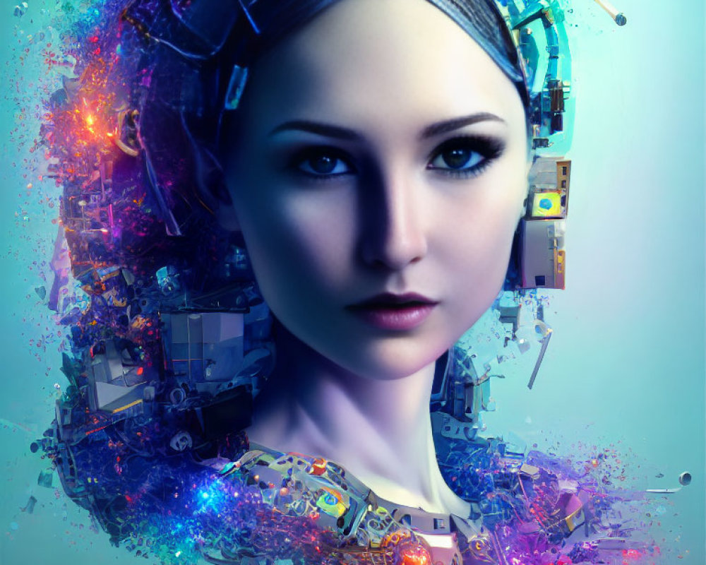 Digital art portrait featuring female figure with electronic head and neck in vibrant neon colors