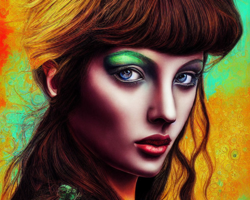 Colorful digital portrait of a woman with flowing hair and green eyeshadow