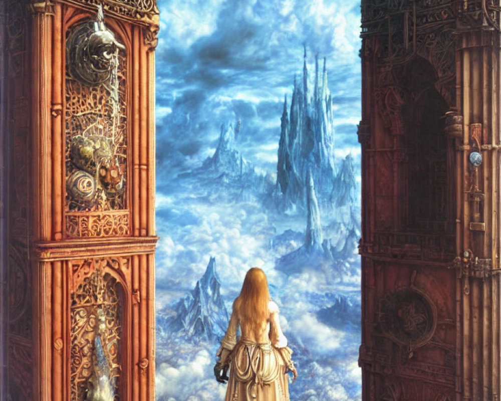 Long-haired person between ornate doors views mystical mountain landscape