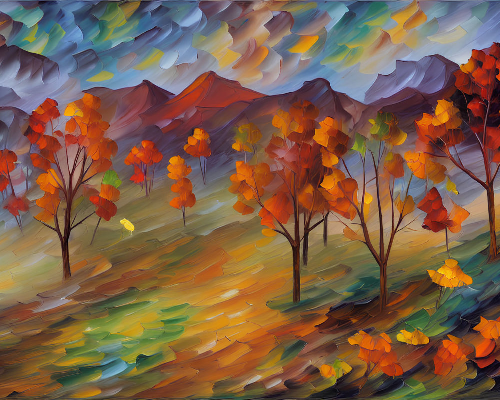 Colorful autumn landscape painting with rolling hills and shadowy mountains at sunset