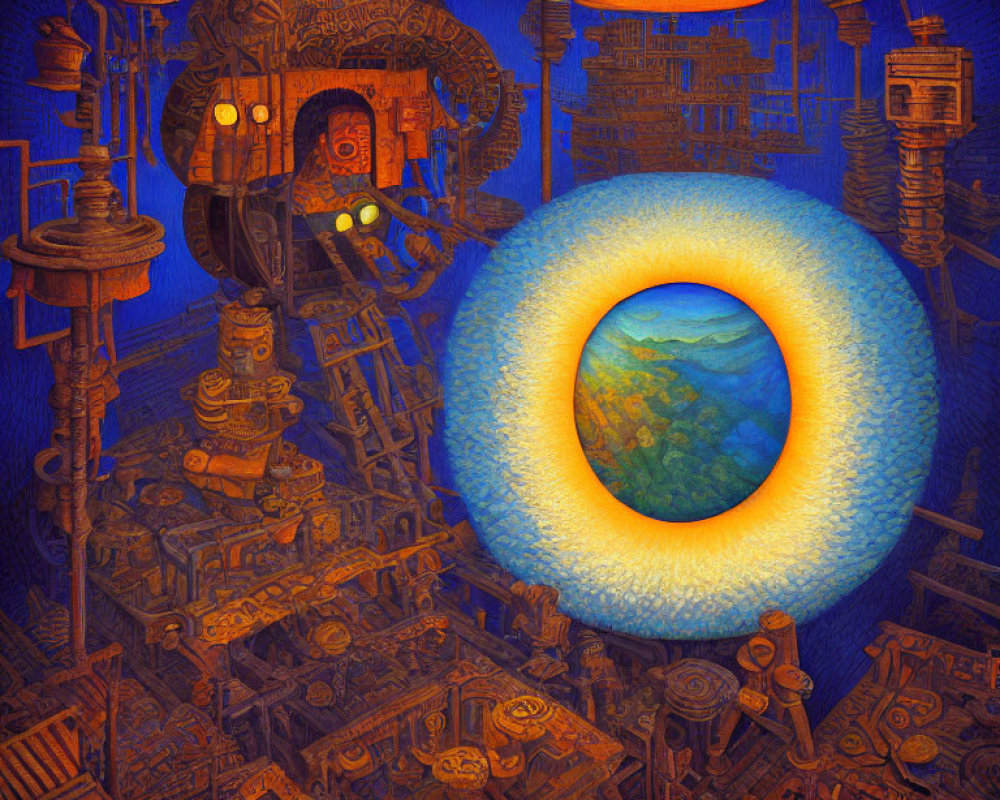 Surreal illustration of mechanized city with glowing portal