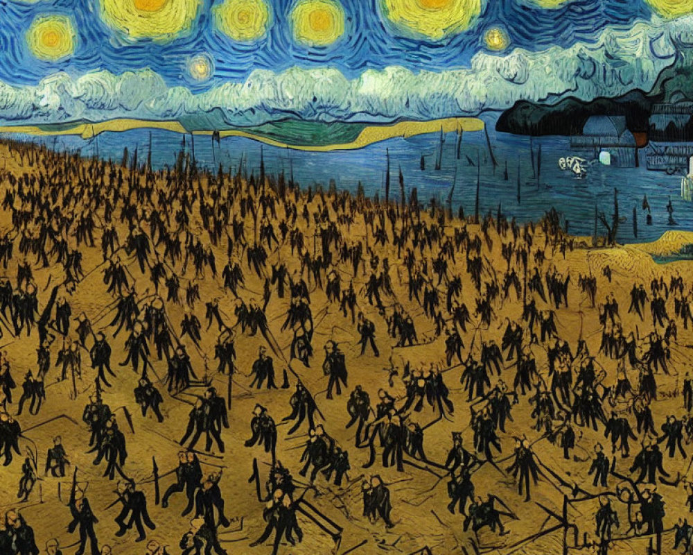 Night Sky Painting with Silhouetted Figures Marching in Chaotic Scene