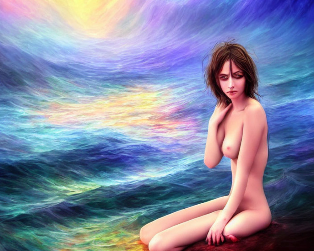 Pensive nude woman on colorful sunset-themed background